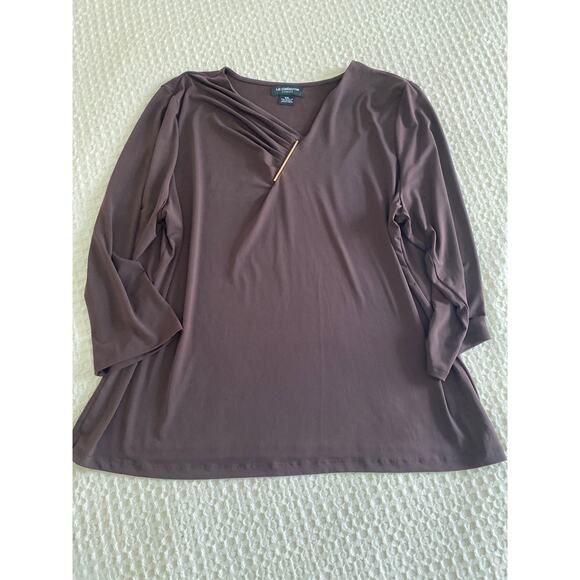 Liz Claiborne Career Chocolate Brown  Brass Ruched Neck Top Sz XXL - Picture 3 of 7
